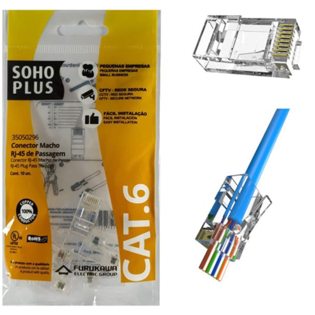 CONECTOR MACHO RJ45 FURUKAWA SOHOPLUS CAT6 PARA CABO SOLIDO E FLEXIVEL PCT 10 UN